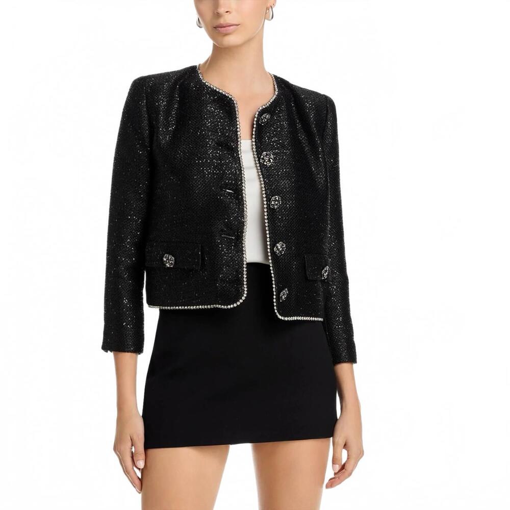 NEW L'AGENCE zell crystal trim tweed jacket in black sequin